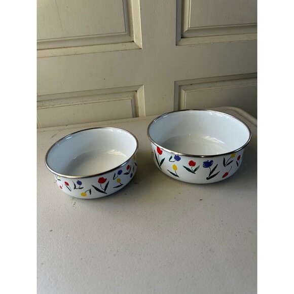 Vintage Kobe Kitchen Enamelware Tulip Tyme Metal Nesting Mixing Bowls Set - Picture 2 of 5